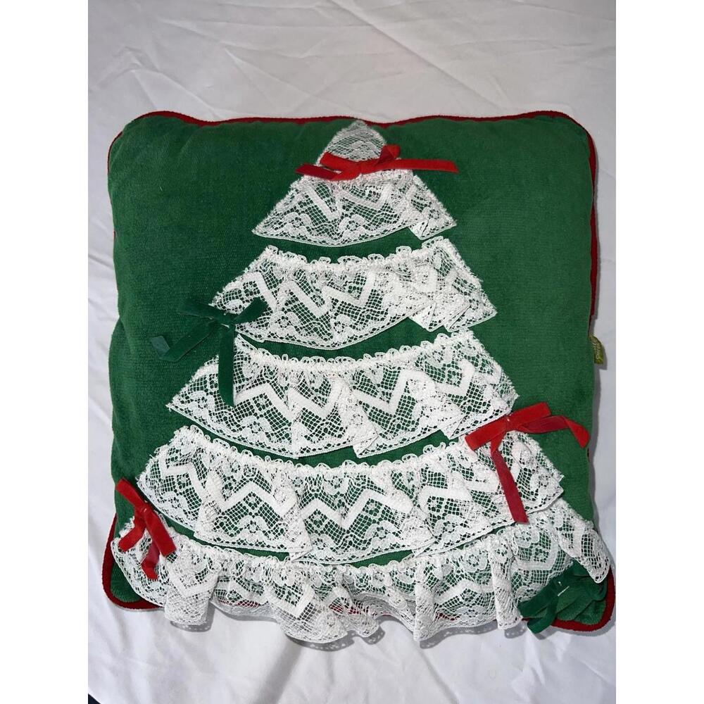 VTG 1980s Nettle Creek Holiday Throw Pillow Lace Christmas Tree Red Trim 13 x 13